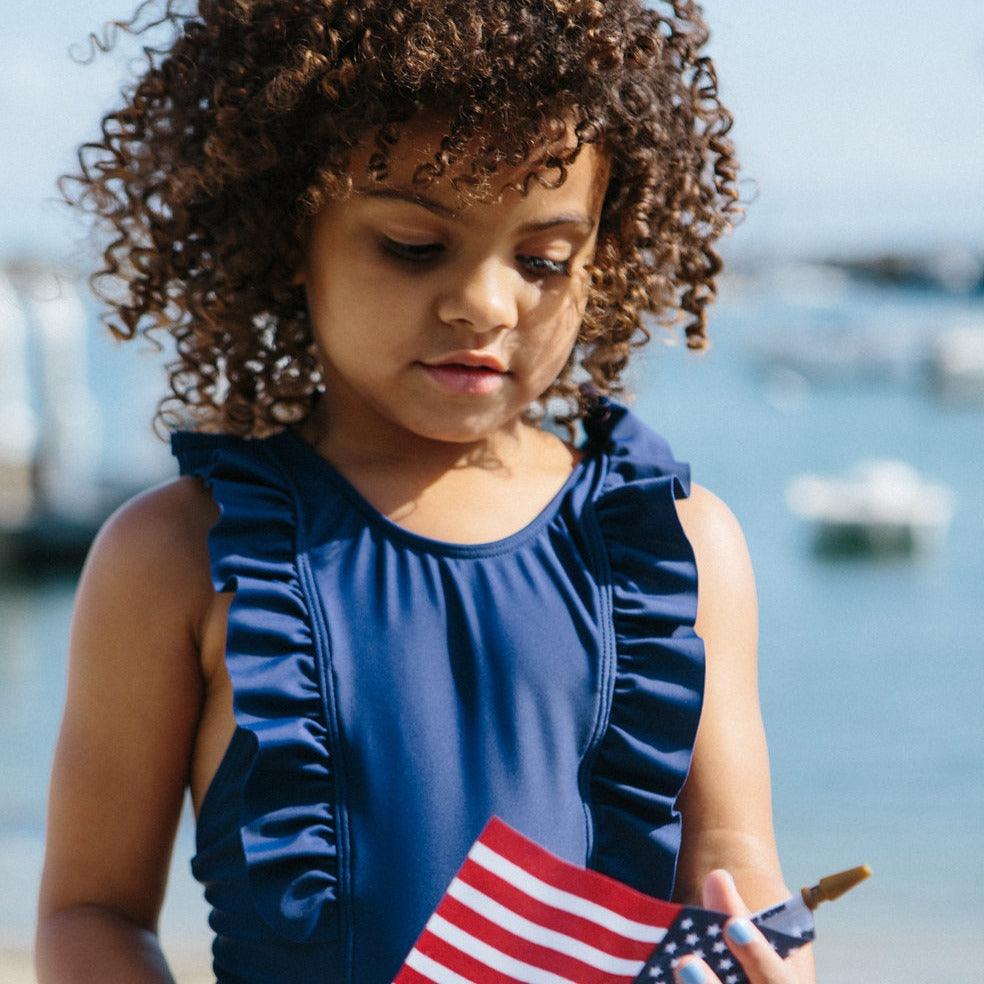 girls navy ruffle one piece