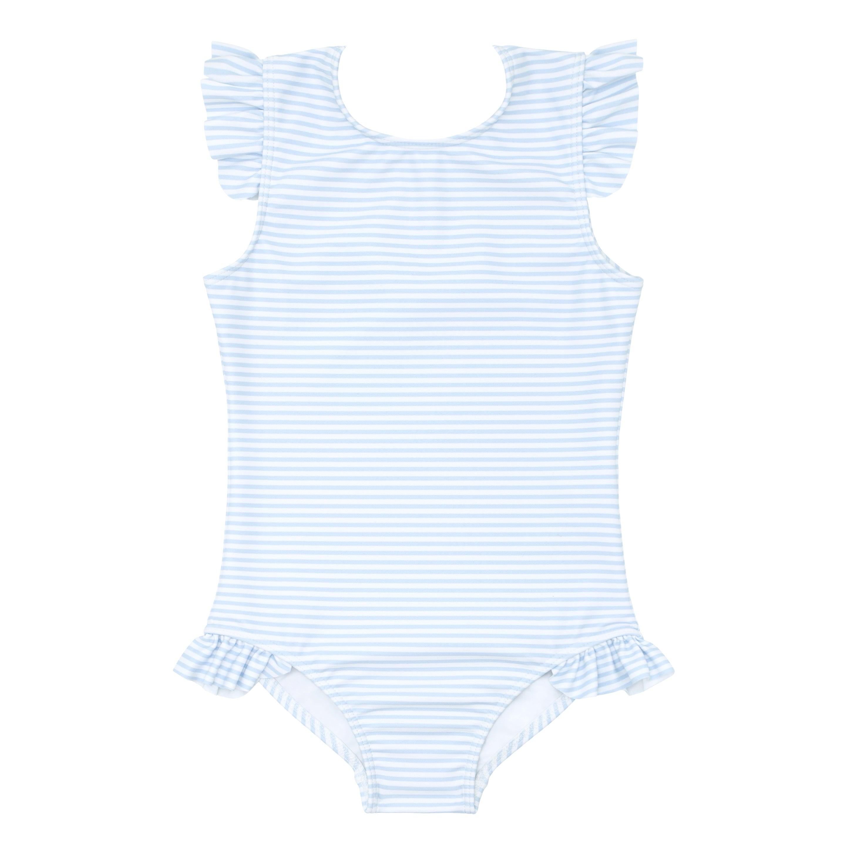 girls powder blue stripe ruffle sleeve rashguard one piece