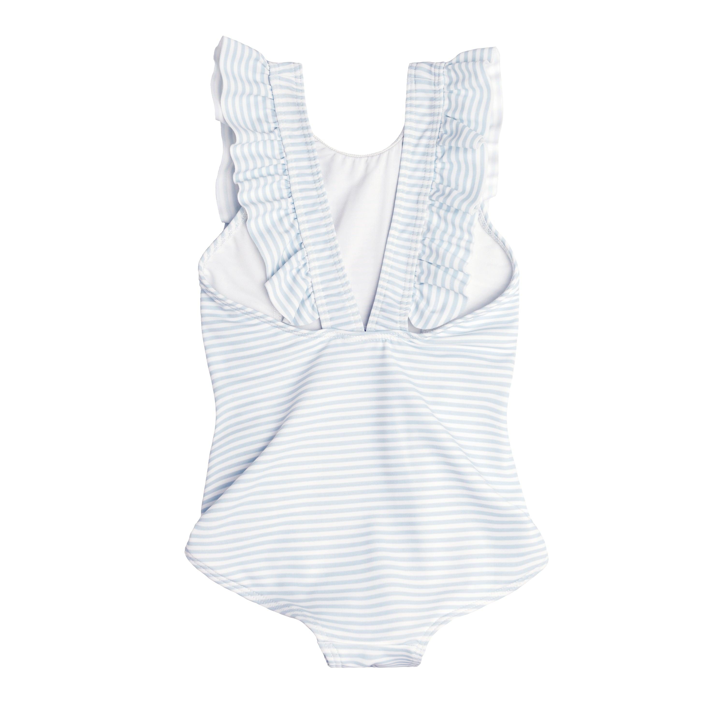 girls powder blue stripe ruffle one piece