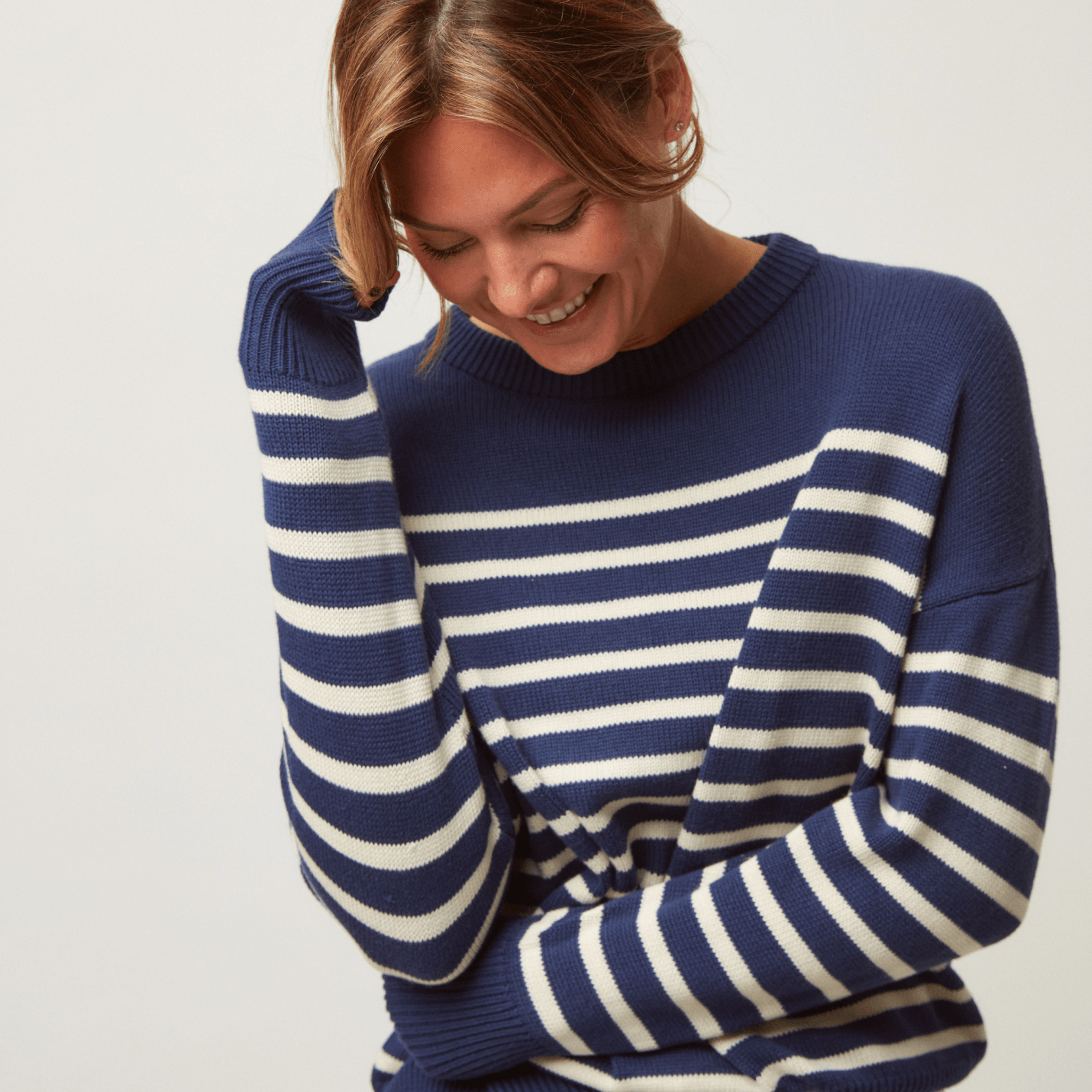 women's navy and cream stripe knit sweater