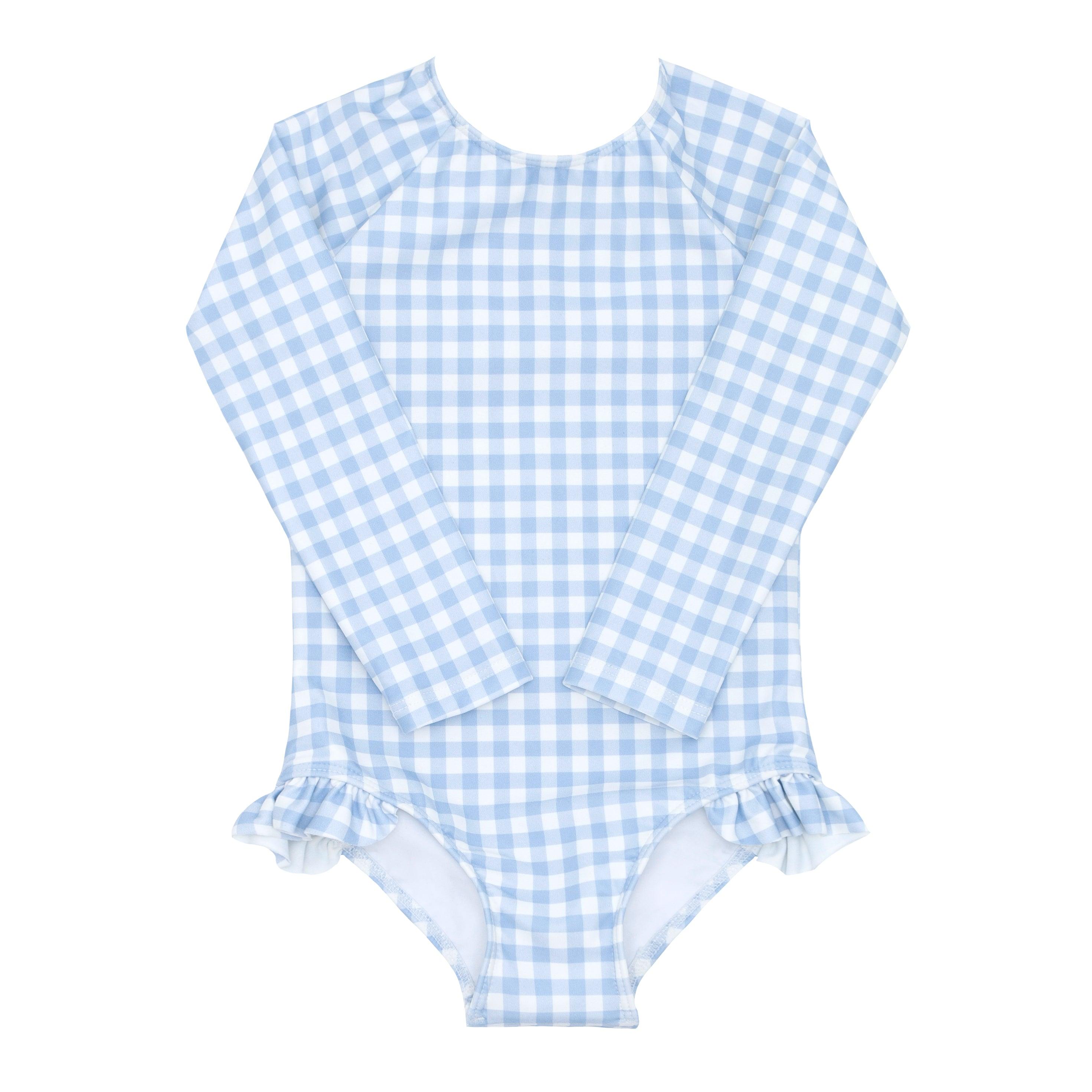 girls oasis blue gingham rashguard one piece