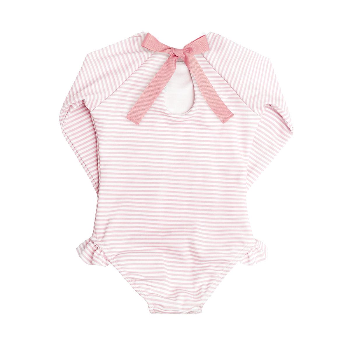 girls light pink stripe rashguard one piece