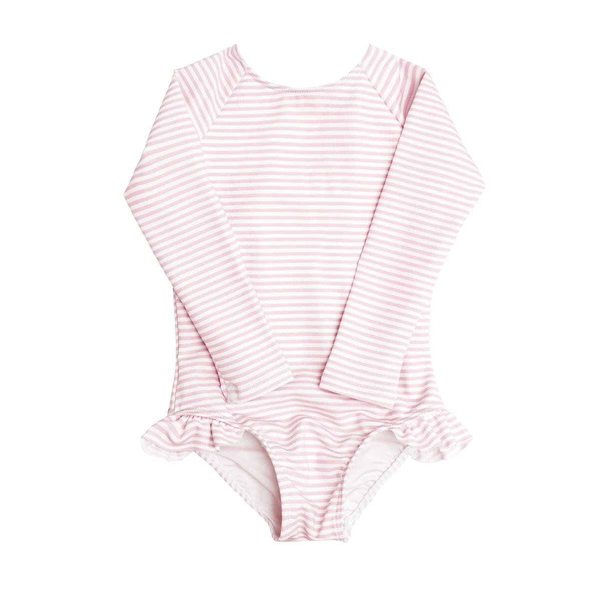 girls light pink stripe rashguard one piece