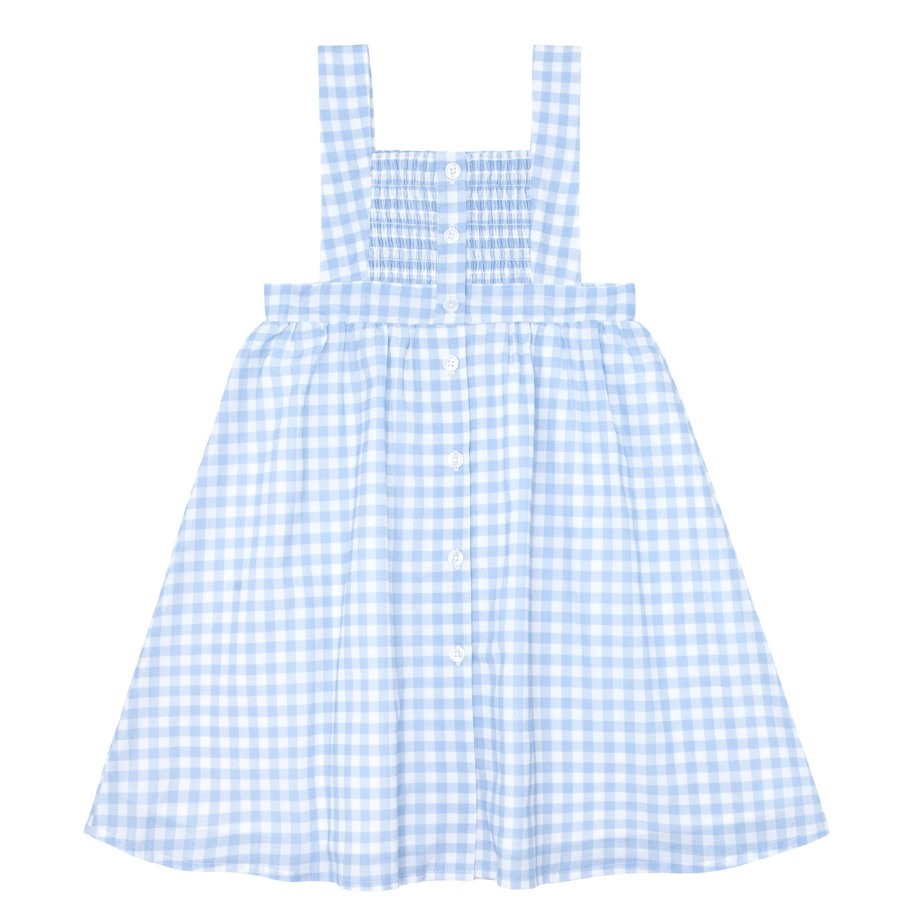 girls blue gingham smocked bib dress