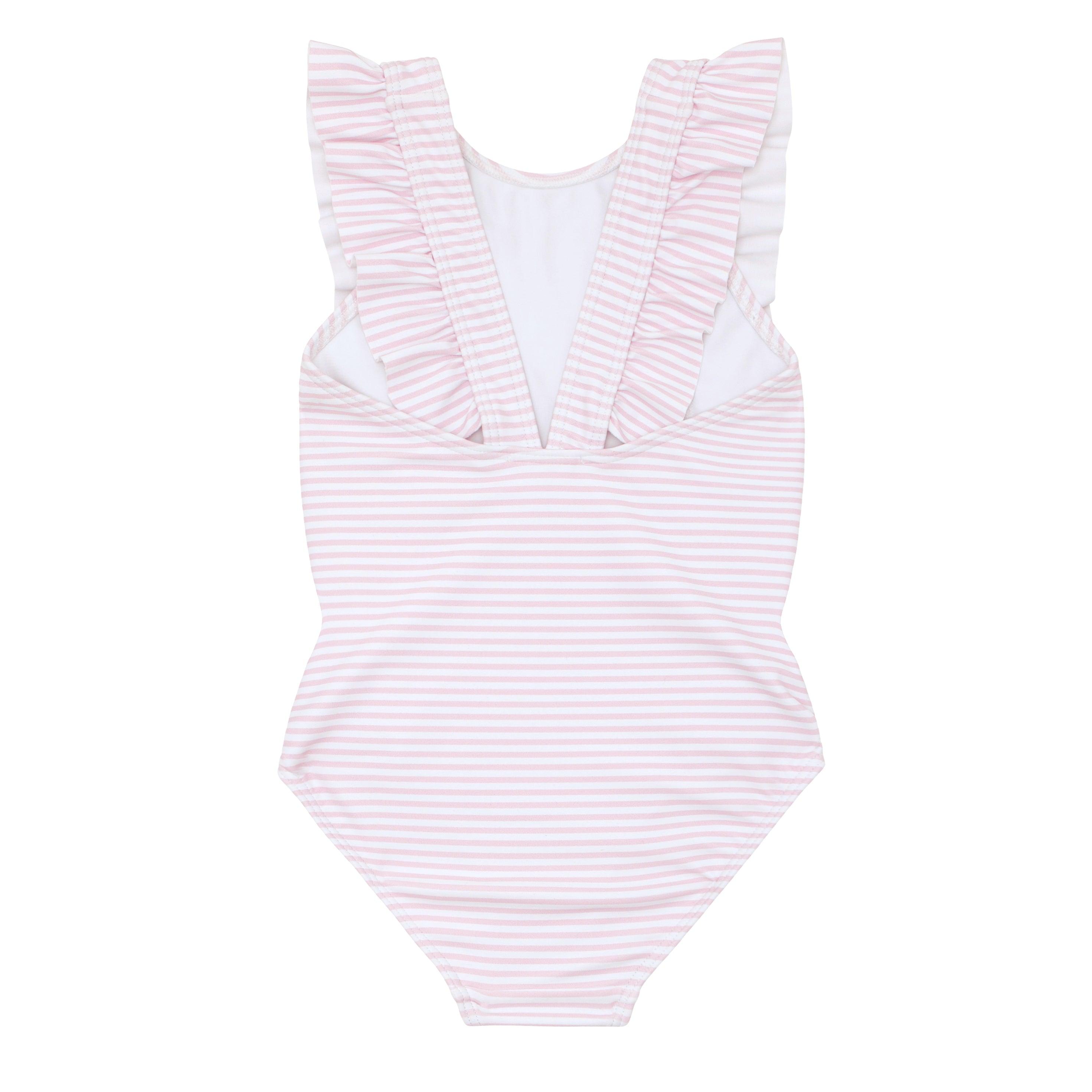 girls pink stripe ruffle one piece