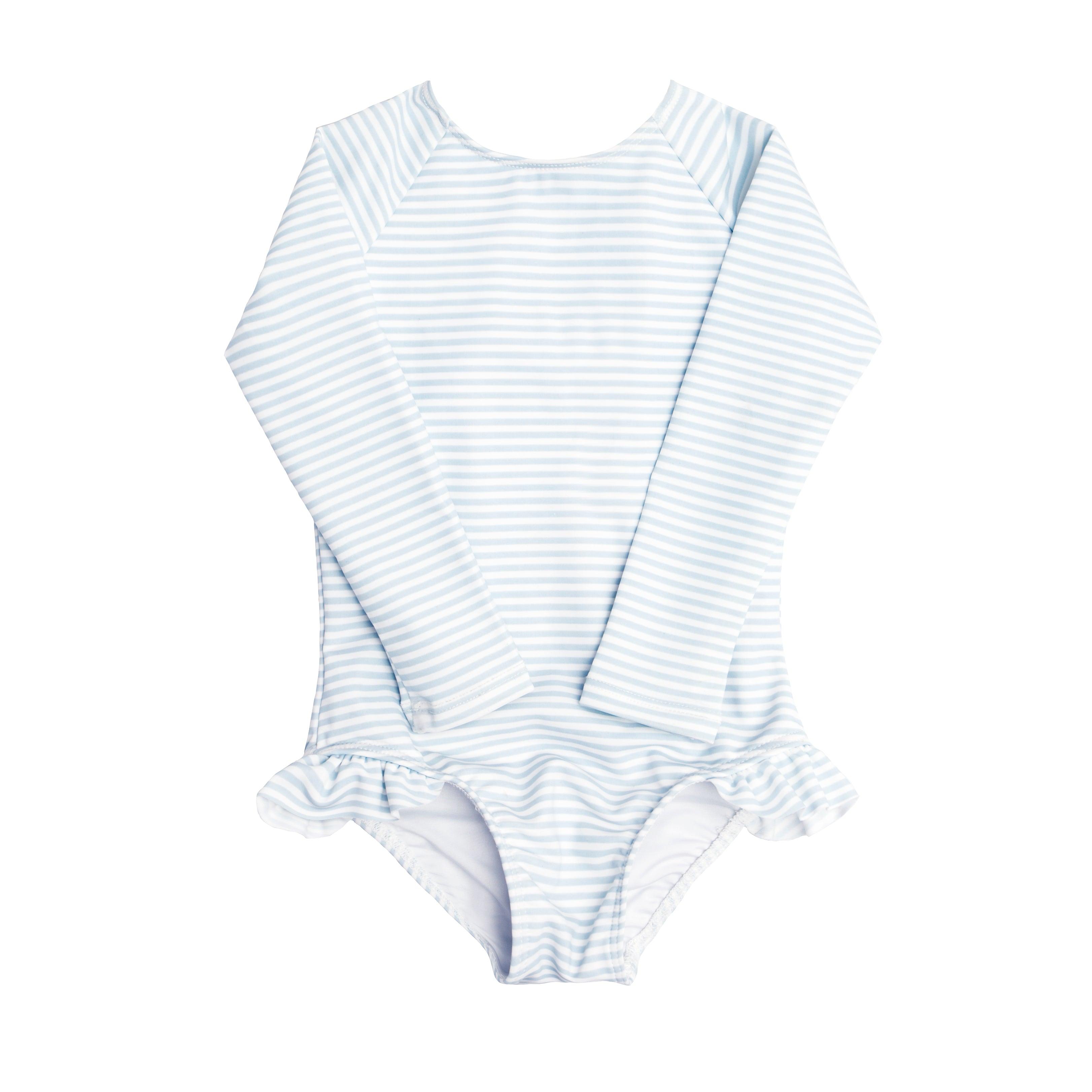 girls powder blue stripe rashguard one piece